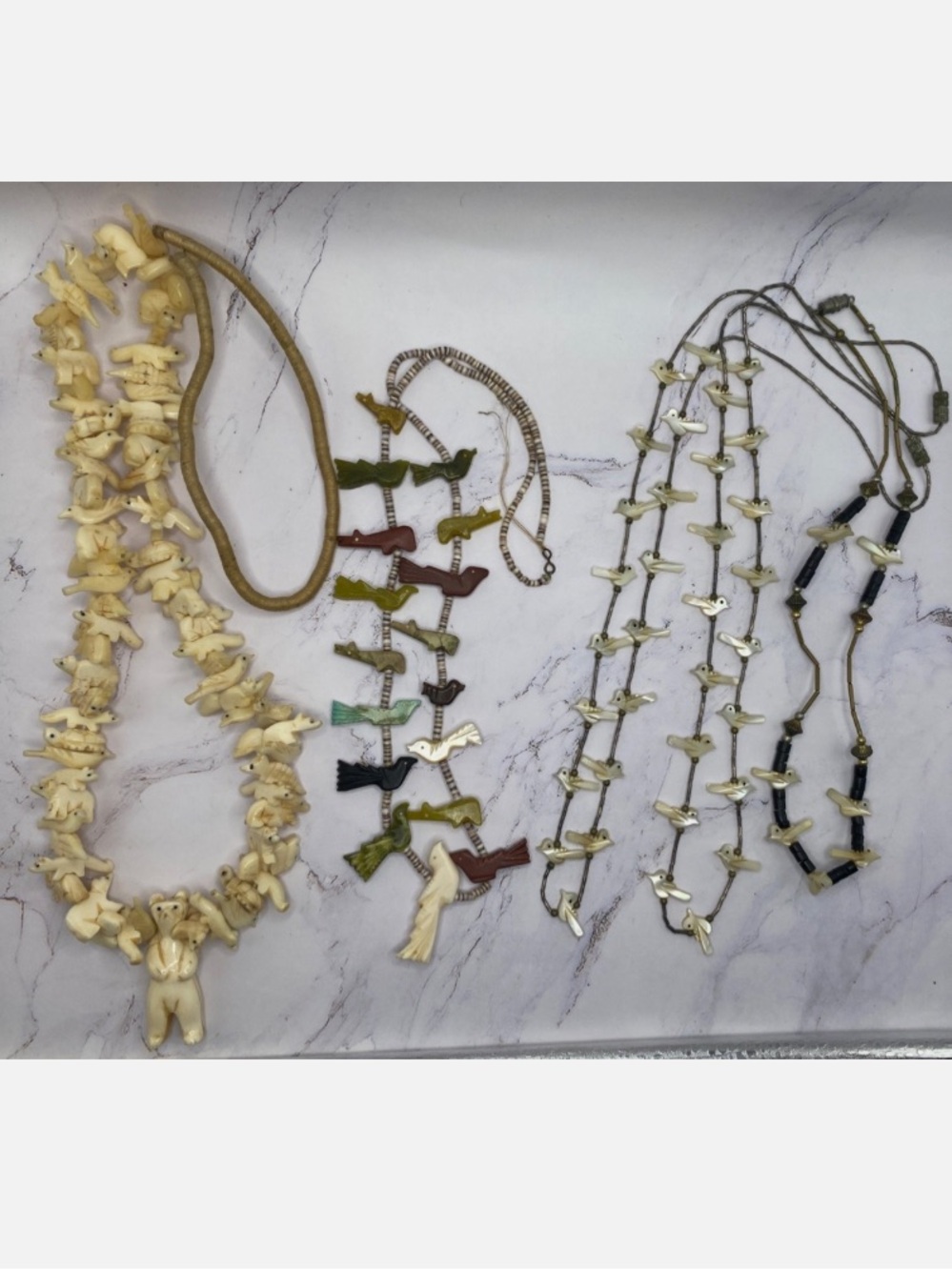 5 Native American Fetish Zuni Necklaces Vtg Handmade Lot Birds Fish Bear Squaw